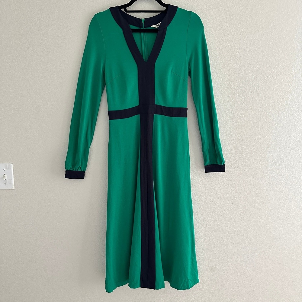 Boden Midi Dress Womens 4R Green Navy Colorblock Long Sleeve V-Neck Fit & Flare